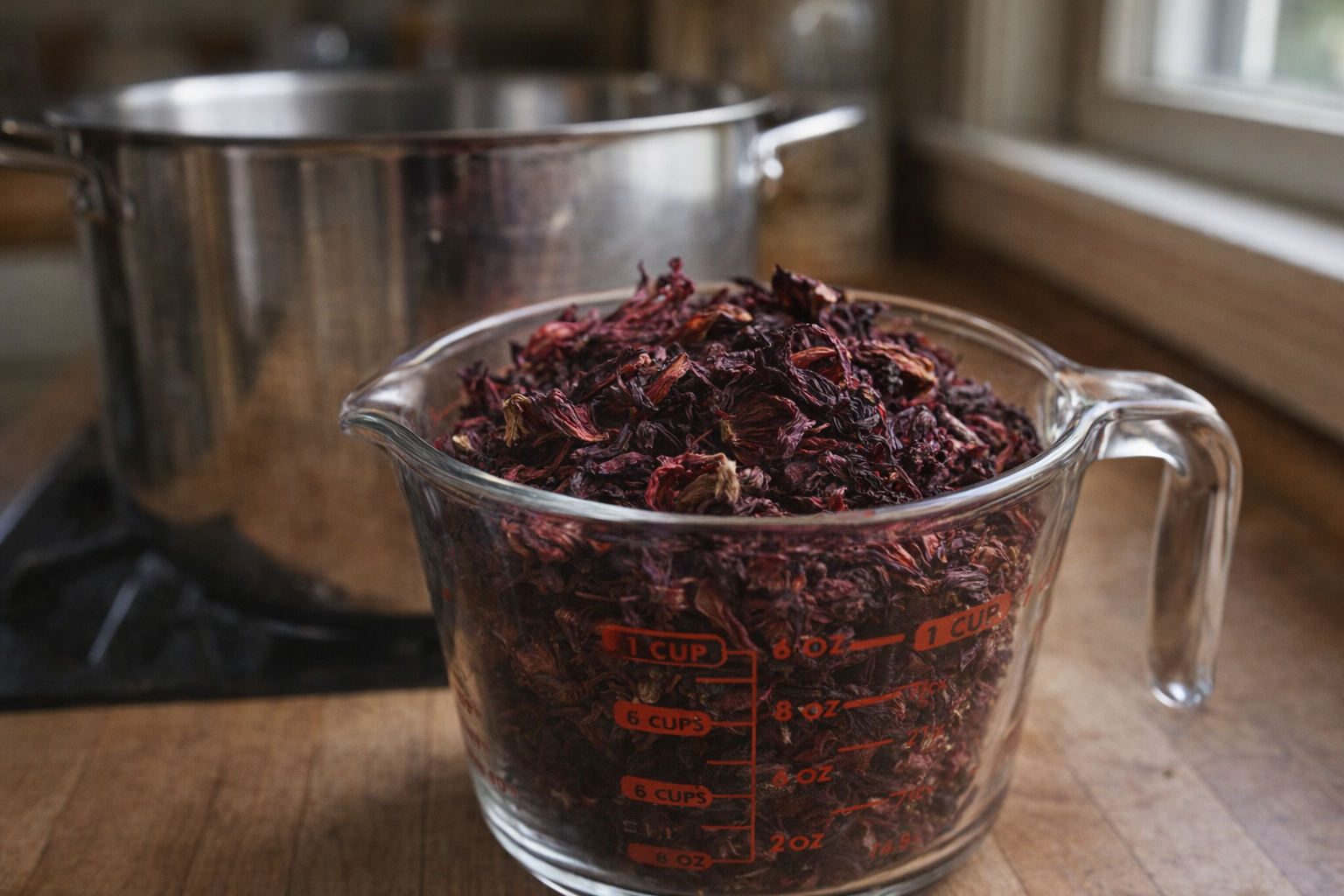 Close-up shot of dried hibiscus flowers in a glass measuring cup, a stainless steel pot in the background, natural light coming from a window